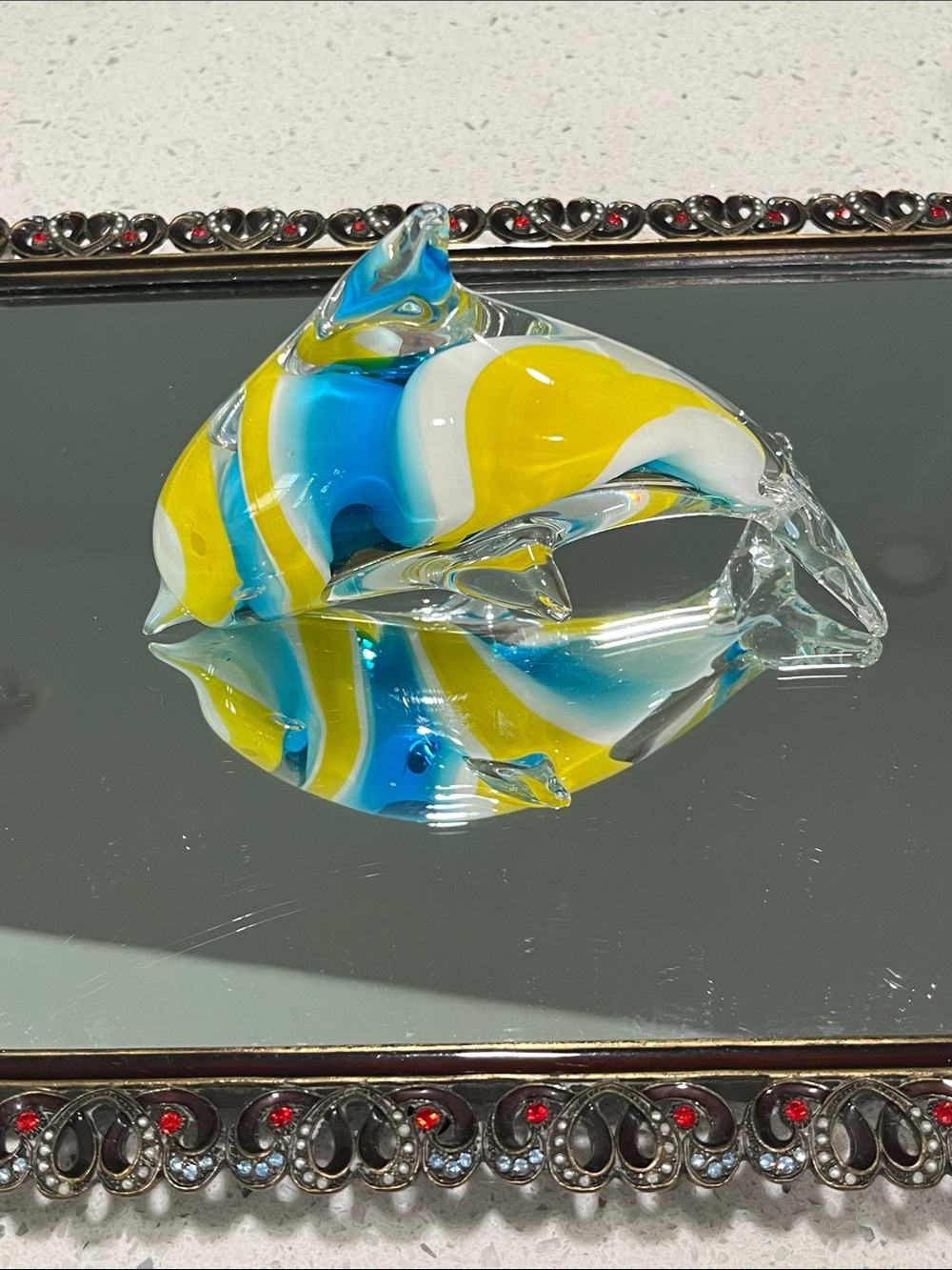 Vintage Murano Hand-Blown Glass Dolphin Figurine - Yellow, Blue & White Beauty